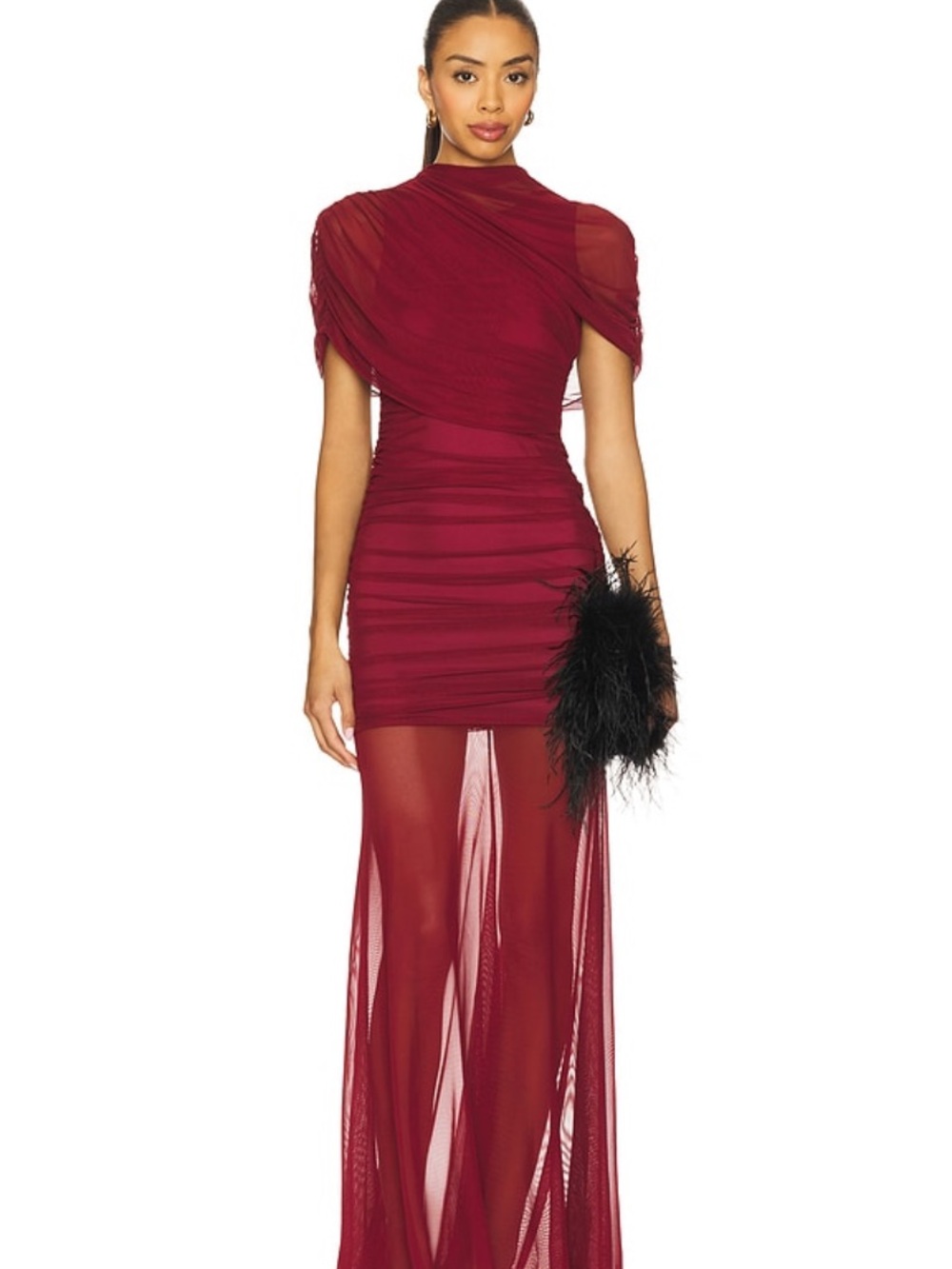 Amanda Uprichard Burgundy Ruched Mesh Maxi Dress